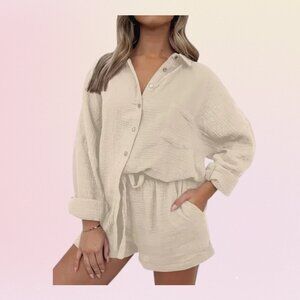 Automet Linen-Style Top & Shorts Set – Cream (L)